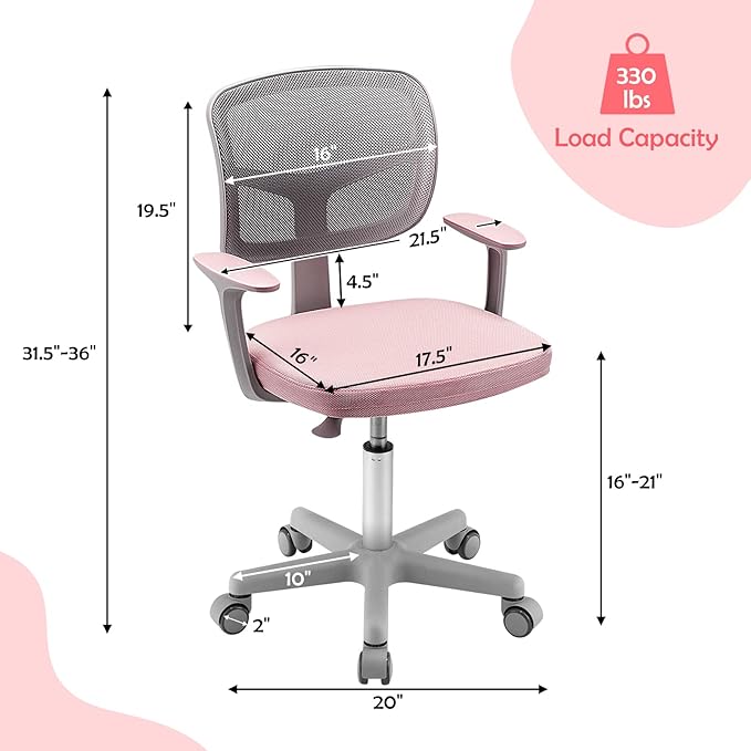HONEY JOY Kids Desk Chair, Height Adjustable Children Study Chair, Swivel Mesh Task Student Chair, Universal Casters, Child Computer Desk Chair for Boys Girls Age 3-10 (Pink)