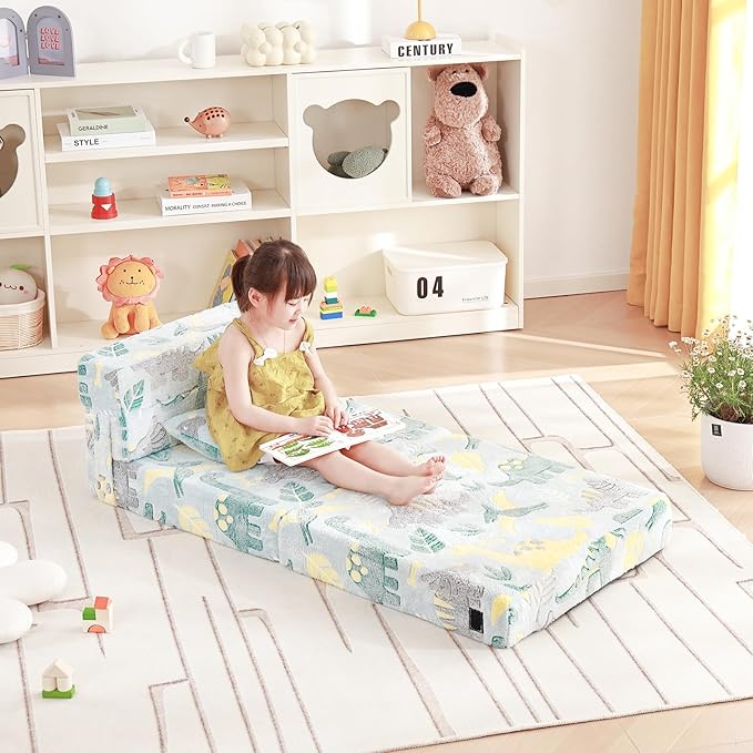 Folding Sofa Bed Floor Mattress for Kids With Pillow, Toddler Glow Washable Nap Mat for Sleeping, Child Fold Up Futon Chair Bed With Storage Bag for Girls Boys