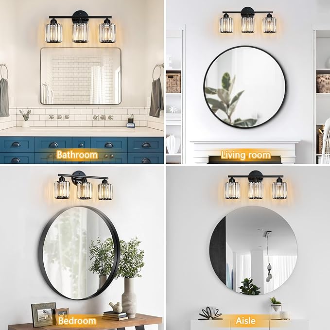 Modern 3 Light Crystal Vanity Light, Plating Black Vertical Bathroom Light Fixture Over Mirror for Dressing Table Sink, Compatible with Dimmable Bulbs (Bulbs Not Included)