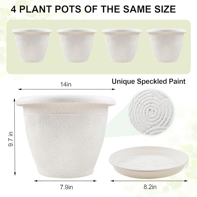 Plastic Flower Pots Planters for Indoor Plants, 4 Pack 14 Inch White Plant Pots with Drainage Hole & Tray, Modern Decorative Large Plant Pot with Saucer for Indoor Outdoor Plants Garden House Planter