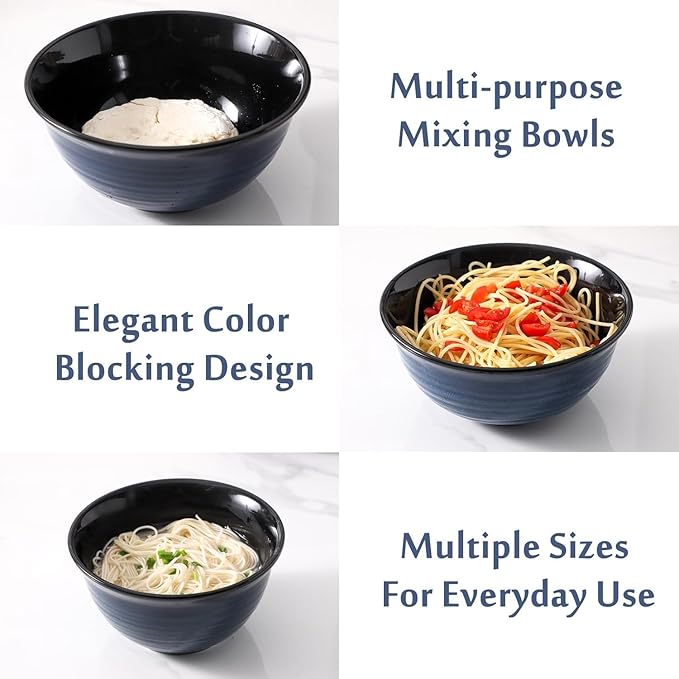 Ceramic Mixing Bowls,Large Serving Bowls 2.1/1.5/1.0 Qt,Salad Bowls Set of 3 for Kitchen Space Saving Storage,Nesting Bowls for Popcorn,Soup,Fruit, Microwave & Dishwasher Safe,Navy Blue