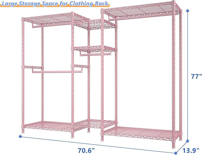 Raybee Clothes Rack Heavy Duty Clothing Racks for Hanging Clothes Adjustable Wardrobe Closet Hanging Clothes Rack Garment Rack, Pink, 13.9" D x 70.6" W x 77" H