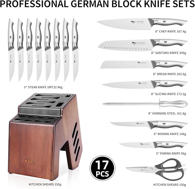 MAD SHARK Knife Set for Kitchen with Block, 17pc Cutlery Set, Built-in Sharpener, German Stainless Steel, Non-slip Ergonomic Handle, Dishwasher Safe