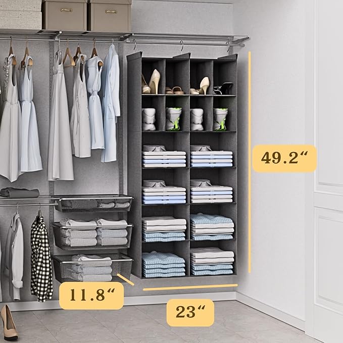 6 Tier Hanging Closet Organizer, 16 Compartments Sweater Organizer for Closet with 3 Sturdy Hooks, Closet Organizers and Storage, Wardrobe, Rv, Garment Rack, Grey