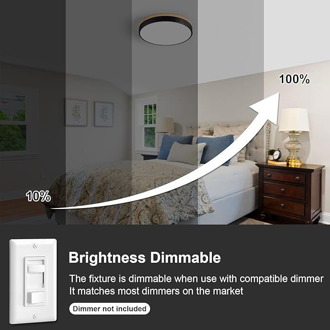 Dimmable Wood LED Ceiling Light Fixture, Black Round Low Profile Flush Mount Ceiling Lighting, Modern 5CCT 2700K-6000K Ceiling Lamp for Living Room Hallway Kitchen Bedroom, 15.8in