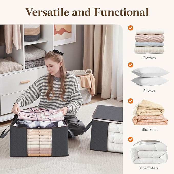 Lifewit 90L Large Storage Bags, 6 Pack Closet Organizers and Storage, Clothes Storage Bins with Lids, Foldable Storage Containers with Reinforced Handles for Clothing, Blanket, Bedding, Comforter Gray