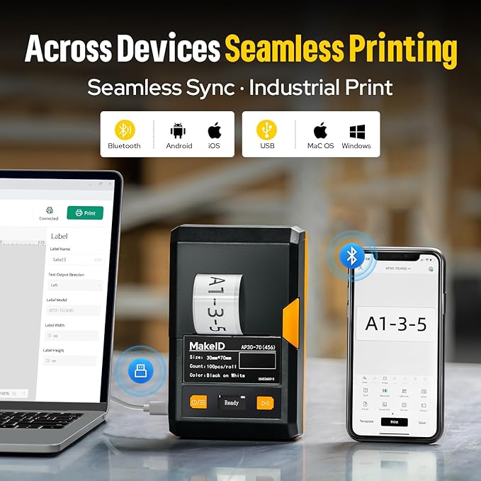 Makeid EP53 Portable Industrial Label Maker, 2" Print Head Bluetooth Label Printer, Mobile APP & PC Editor Compatible, 2000mAh Li-ion Battery, Come with 1" H x 2" W Label for Job Sites