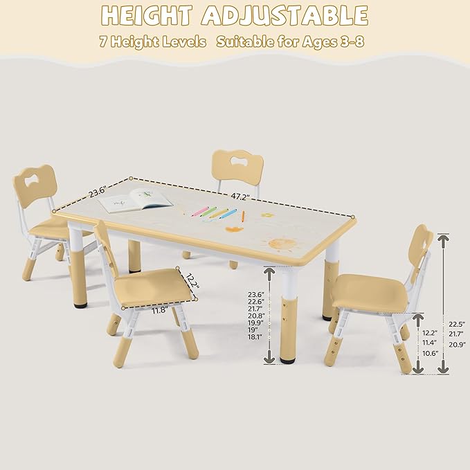 Adjustable Kids Table Chairs Set – Graffiti Desktop, Multi-Activity Height-Adjustable Toddler Study Desk for Ages 3-8 – Ideal for Home, Classroom, Daycare (W-Brown, 4 Chairs-47.2" L x 23.6" W)
