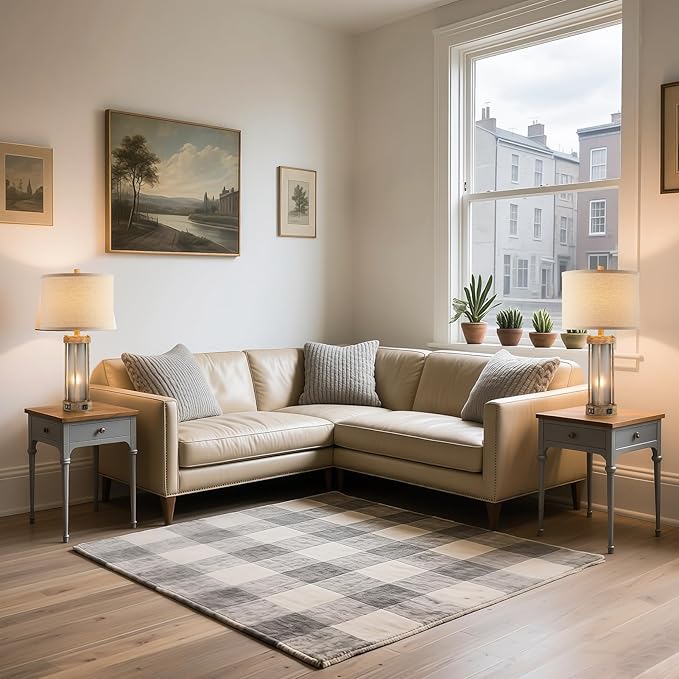 Farmhouse Table Lamps Set of 2 for Living Room, Vintage Bedroom Nightstand Lamp with Dual USB Ports, Bedside Lamp with Frosted Glass Nightlight for End Table Entryway, 4 Bulbs Included (Earthy Gray)