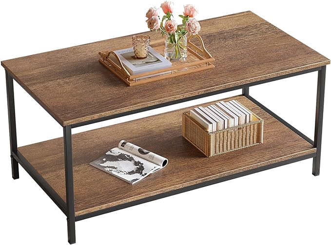 SAYGOER Coffee Table with Storage 2-Tier Industrial Center Table for Living Room, Rectangle Wood Table for Small Spaces Apartment Home Office, Walnut