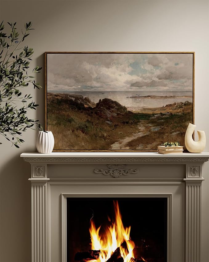 InSimSea Framed Canvas Wall Art Vintage Decor, Seaside Path Wilderness Landscape Paintings Artwork, Large Prints, Retro Wall Decorations for Living Room Bedroom Bathroom, 24"x36"