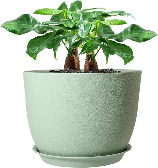 12inch Large Plant Pot, Modern Plastic Planter with High Driange Holes and Saucer for Indoor Outdoor Garden Plants and Flowers, Green