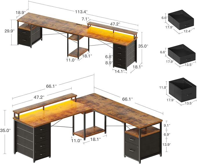 Casaottima 66" L Shaped Desk, Reversible Computer Desk with File Cabinet & 4 Fabric Drawers, Two Person Desk with LED Lights & Power Outlet, Corner Home Office Desk with Monitor Shelf, Vintage