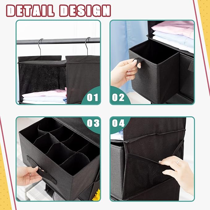 6-Shelves Hanging Closet Organizer with 5 Different Drawers, Foldable Closet Organizers and Storage for Wardrobe, Closet& RV, Clothes and Accessories Storage, Non-Woven Fabric, Black