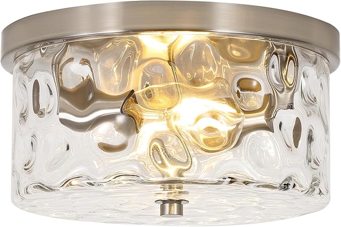 LamQee 9.8" Small Flush Mount Ceiling Light With Clear Hammered Glass, Brushed Nickel Hallway Light Fixtures Ceiling Mount for Bathroom, 2-Lights Farmhouse Close To Ceiling Light Kitchen Foyer Bedroom
