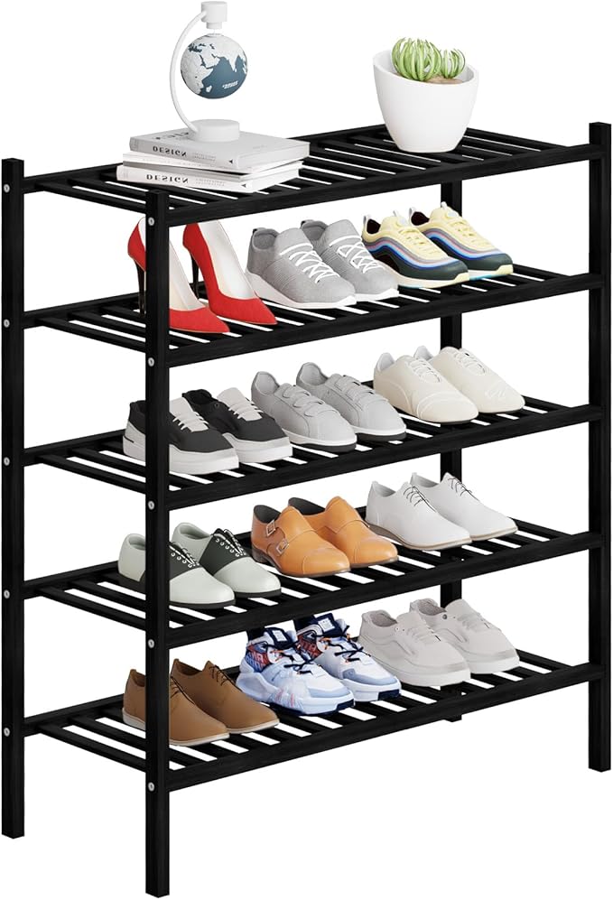 5 Tier Bamboo Shoe Rack Storage Organizer for Closet, Multifunctional Stackable Free Standing Shoe Shelf Organizer for Small Space,Entryway, Hallway, Bathroom27 x11 x32 (Black, 5 Tier)