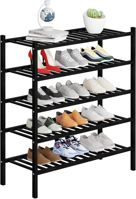 5 Tier Bamboo Shoe Rack Storage Organizer for Closet, Multifunctional Stackable Free Standing Shoe Shelf Organizer for Small Space,Entryway, Hallway, Bathroom27 x11 x32 (Black, 5 Tier)