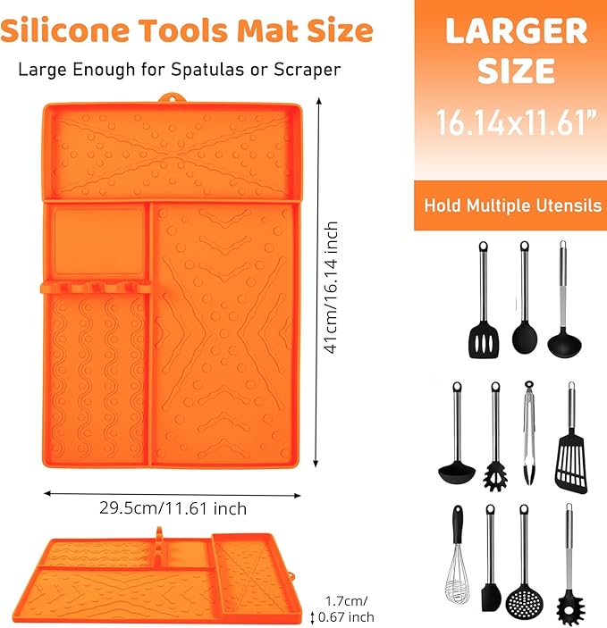 Griddle Mat Barbeque Grill Accessories Tools for Blackstone, Side Shelf Food-Grade Silicone Spatula Mat with Drip Pad for Outdoor Grill Kitchen Counter - Orange