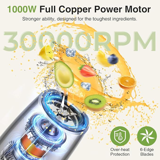 KOIOS Smoothie Blender, Max 1000w Personal Blender for Shakes and Smoothies, 12Pcs Coffee Grinder and Countertop Blenders Combo for Kitchen, Portable Smoothie Blenders with 2x22 oz To-Go Cups, Non-BPA