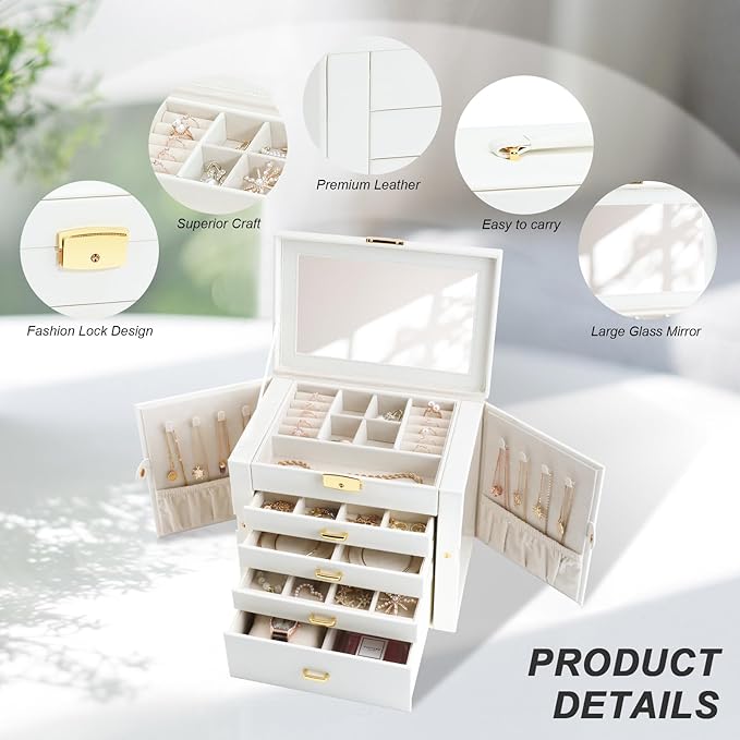 Jewelry Holder Organizer, Large Jewelry Boxes for Women, 5 Layers 4 Drawers Jewelry Box with Handle Jewelry Organizer for Earrings Rings Necklaces Bracelets, White