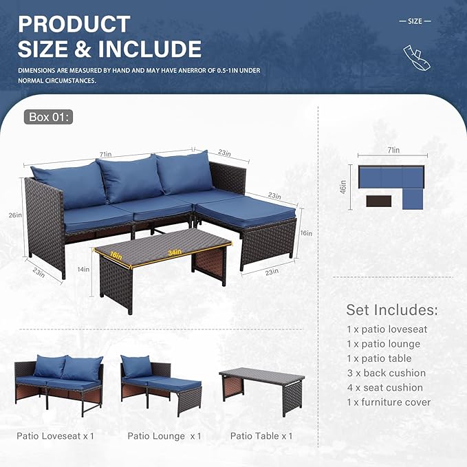 Valita Outdoor Furniture Set 3 Piece Patio Set Patio Conversation Sets Outdoor Sectional Sofa Patio Loveseat Coffee Table with Non-Slip Cushions, Navy Blue