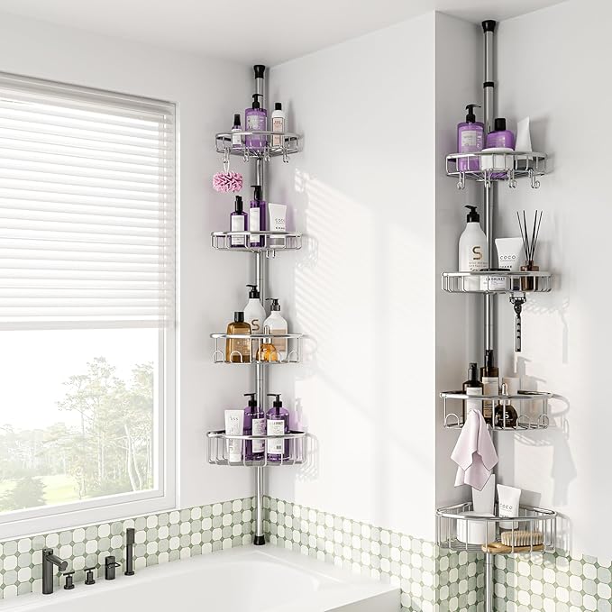 Corner Shower Caddy Tension Pole: Stainless Steel Rustproof 4-Tier Shower Organizer - 47-121 inch Adjustable Bathroom Shelves for Bathtub Shampoo Storage - Tension Rod Floor Standing Bath Rack -Silver