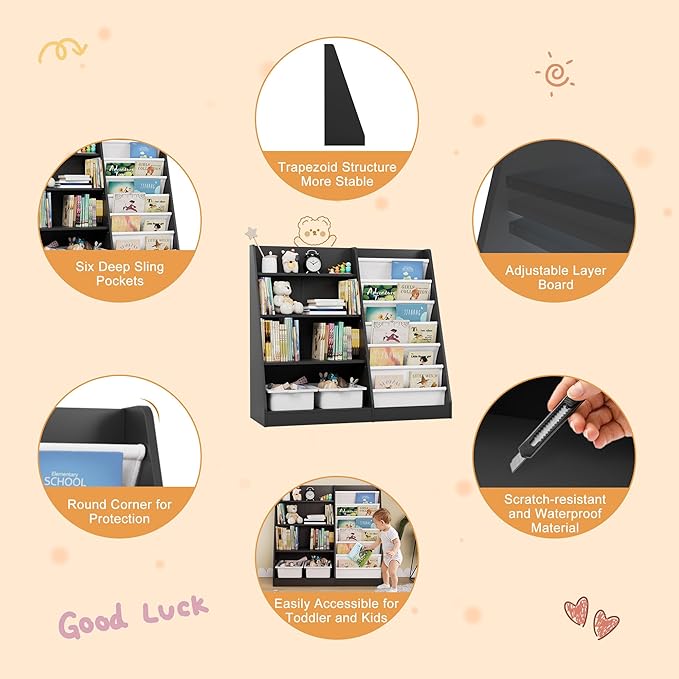 Black Kids Bookshelf Wood Toy Storage Organizer Cabinet Children Bookcase Toddler Baby Sling Book Rack Adjustable Shelf for Playroom Bedroom Nursery Hallway School Kindergarten