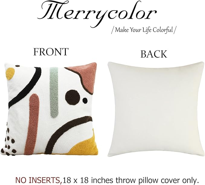 Merrycolor Colorful Boho Throw Pillow Covers 18x18 inch Tufted Modern Abstract Line Art Cute Pillows for Bedroom Aesthetic Embroidered Decorative Pillow Cases for Couch Sofa Bedroom Living Room,1PC