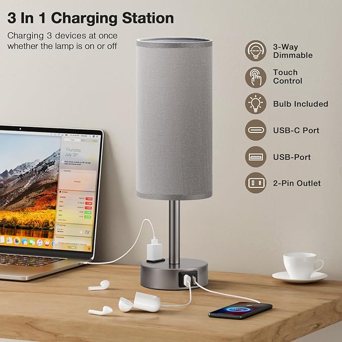 Grey Bedside Table Lamp for Bedroom - 3 Way Dimmable Touch Lamp USB C Charging Ports and AC Outlet, Small Lamp for Living Room, Desk, LED Bulb Included