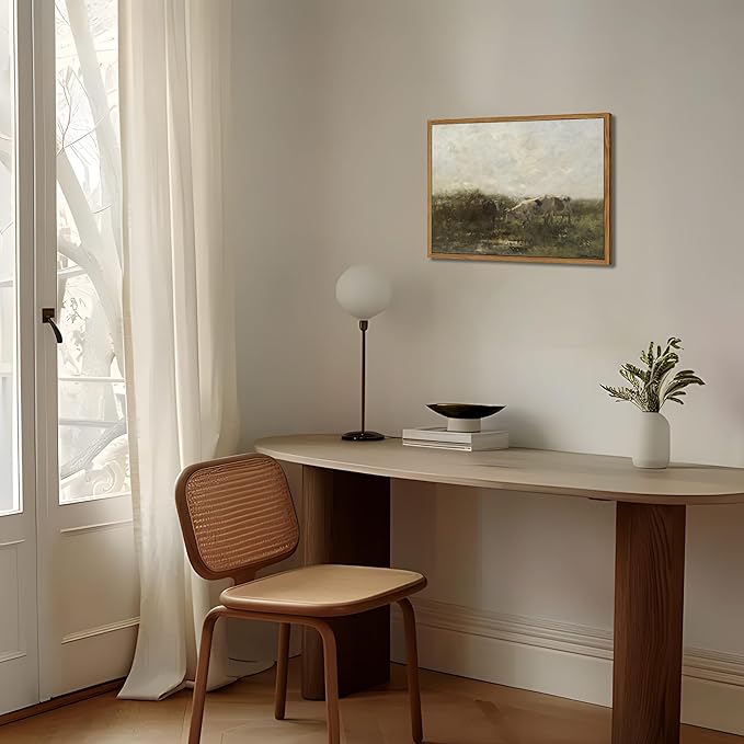 Floating Framed Landscape Canvas Wall Art, French Vintage Natural Country Cows Pictures Wall Decor Artwork, Farmhouse Oil Paintings Prints for Living Room Bedroom Home Decoration 12x16 inch