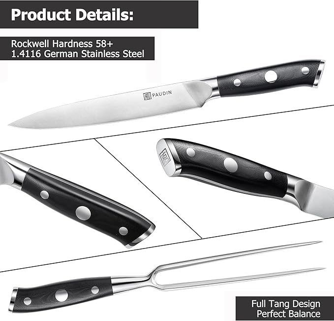 PAUDIN Carving Knife Set - 8" German Steel Turkey Carving Knife and Fork Set With Ergonomic Handle, Full Tang For Meat, Brisket