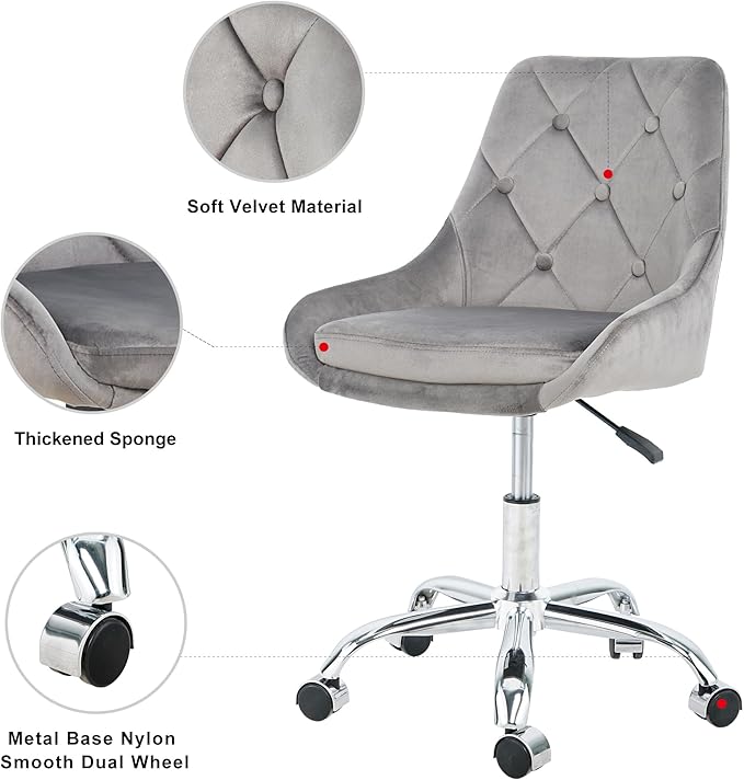Furnimart 360° Swivel Rolling Desk Chair, Height Adjustable Vanity Chair with Silver Legs, Cute Task Chair with Wheels for Dorm Bedroom Studying Small Places (Velvet Gray)