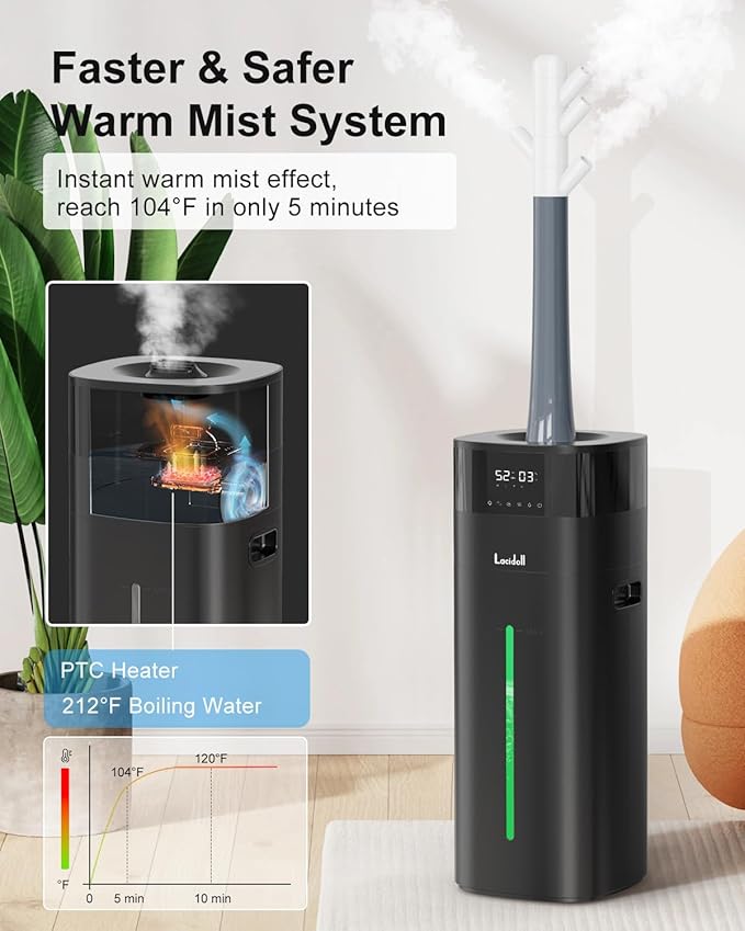 Humidifier Large Room 5.3Gal/20L Cool and Warm Mist Humidifiers for Home 2000 sq ft, Whole House Humidifiers with Diffuser Extended Tube, Air Humidifier for Bedroom Nursery Baby Plants, Black