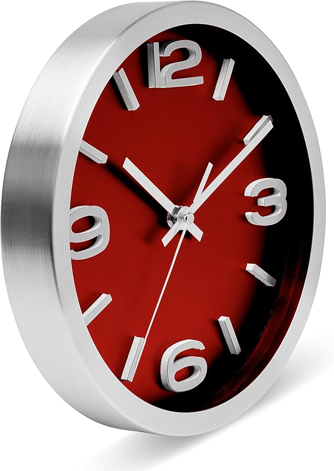 Bernhard Products Metal Wall Clock Modern Silver & Wine 10 Inch Silent Non Ticking, Red Round Elegant Quality Quartz Battery Operated for Home Kitchen Living Room Office, 3D Numbers