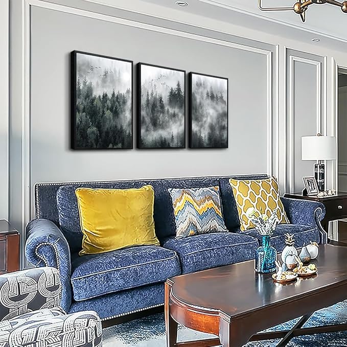 MHARTK66 Black Framed Wall Art For Living Room Modern Decorations Bedroom Foggy Forest Trees Landscape Painting Office Decor Home Ready To Hang a Pictures Of 3 Piece Prints