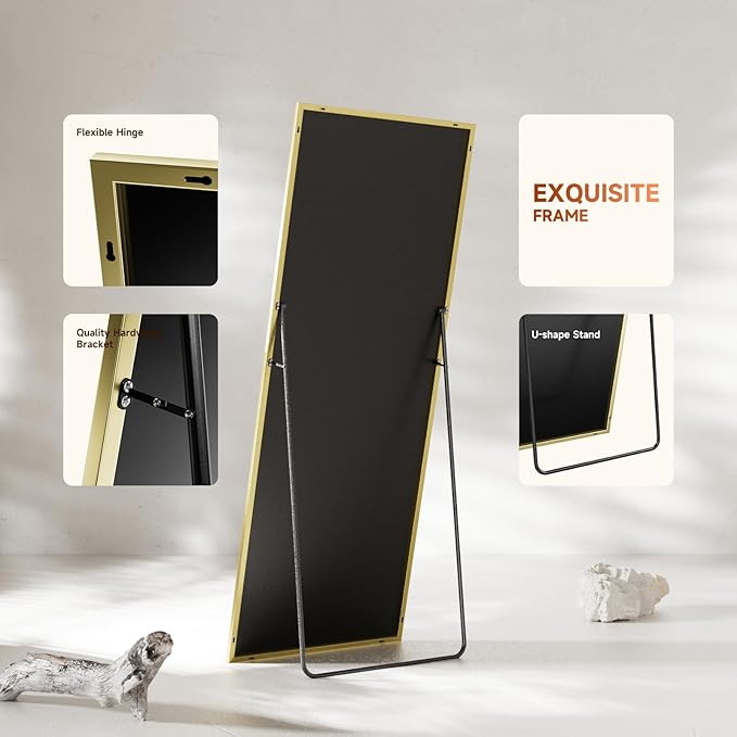 69"x24" Full Length Mirror, Gold Tempered Glass Rectangle Floor Standing Mirrors, Wall Mounted Hanging Aluminum Alloy Frame Bedroom Floor