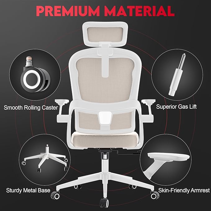 Ergonomic Office Chair - 400LB Comfy Desk Chairs with Headrest and Back Support, Heavy Duty Mesh Computer Chairs with Wheels and Arms for Home Office, Study, Bedroom and Dorm (04Khaki)