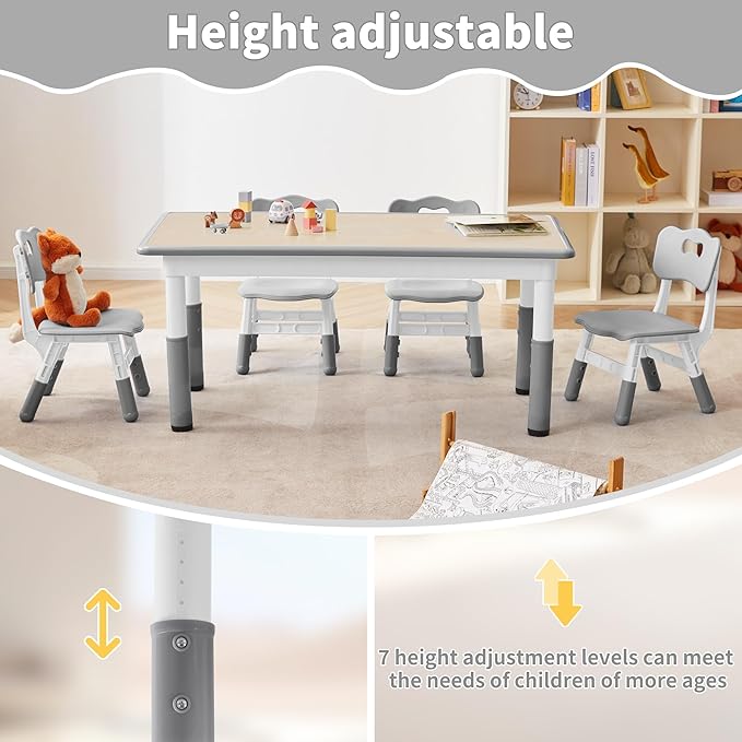 Adjustable Kids Table, Arts and Crafts Child Table with Graffiti Desktop, 7 Level Height Adjustable Children Table for Ages 3-8, Easy to Wipe Toddler Desk for Classrooms/Daycares/Homes