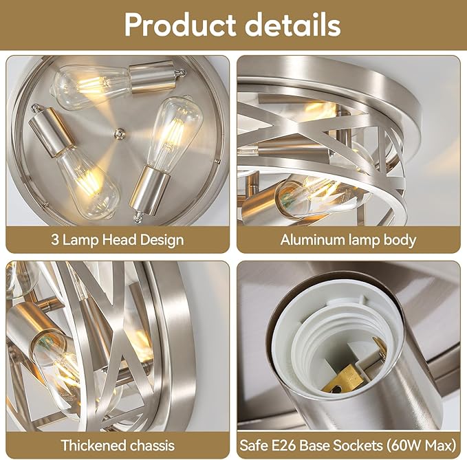 Brushed Nickel Cage Ceiling Light Fixtures,13 Inch Indoor Close to Ceiling Lights, 3-Light Round Vintage Metal Flush Mount Ceiling Lights for Bedroom, Living Room, Porch Kitchen