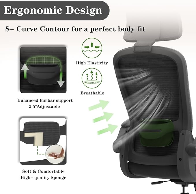 Ergonomic Office Chair for Long Hours & Back Pain Relief – Desk Chair with Adjustable Lumbar Support & Headrest, High-Density Foam Cushion, Flip-Up Armrests, Perfect for Work & Study (Dark Black)