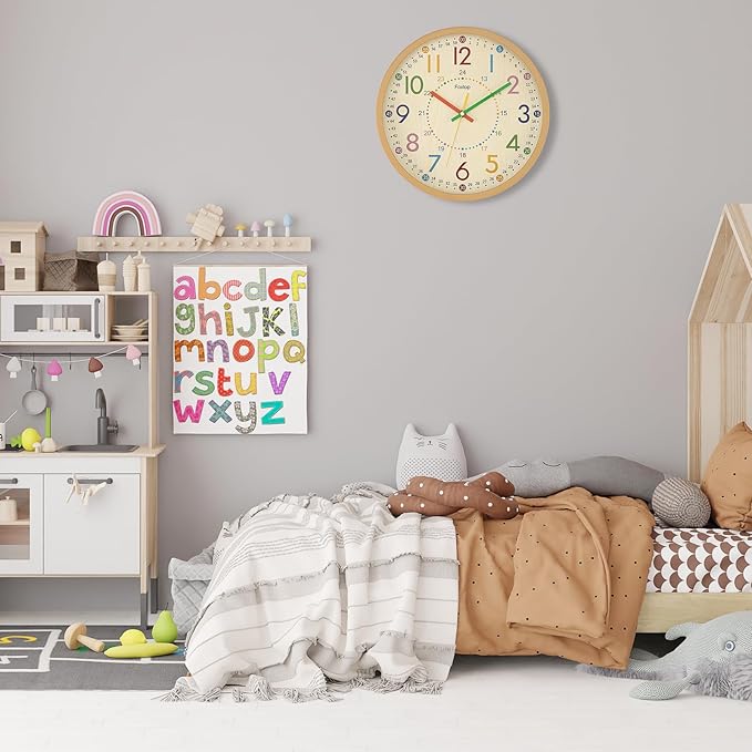 Foxtop Kids Wall Clock 12 Inch Silent Non-Ticking Battery Operated Colorful Childrens Wall Clock for Classroom Playroom Nursery Bedrooms Kids Room School