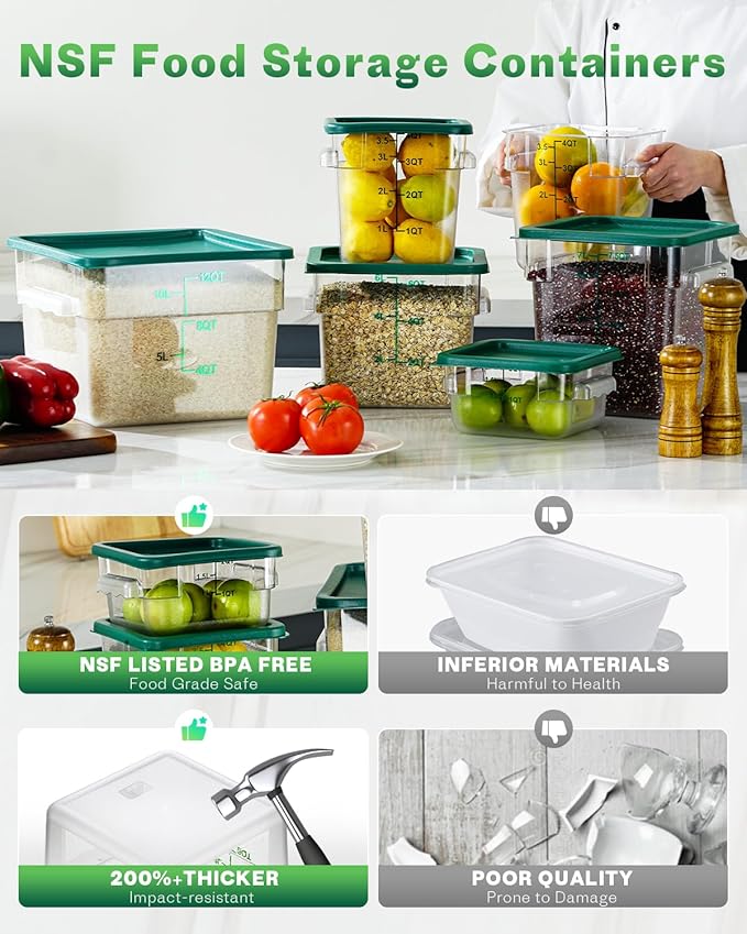 2QT NSF Food Storage Containers: 6 PCS [Food Grade][Hot&Cold Resistant] Commercial Clear Square Food Storage Containers with Scales Handles for Home Restaurant Kitchen Proof Dough(BPA FREE-GREEN)
