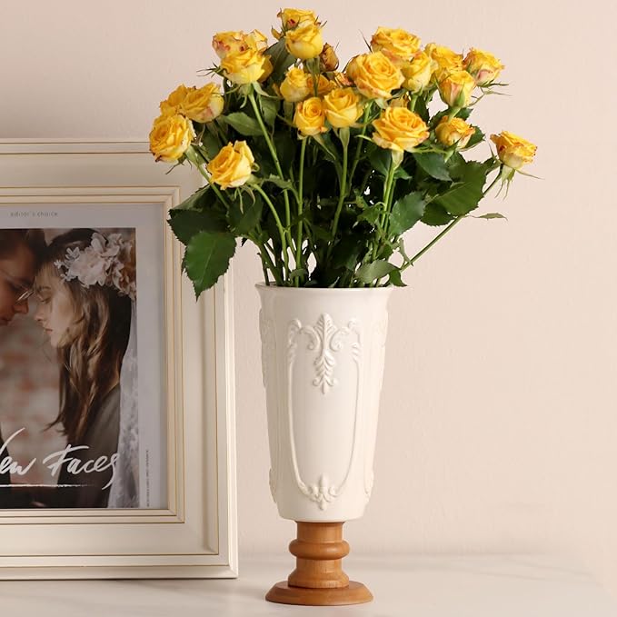 hjn White Cermaic Vase for Flowers Vintage Vase with Wooden Base for Your Home Decor/Table/Kitchen/Office/Living Room-White (French Flower Pattern)