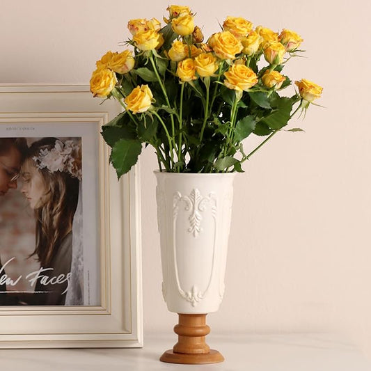 hjn White Cermaic Vase for Flowers Vintage Vase with Wooden Base for Your Home Decor/Table/Kitchen/Office/Living Room-White (French Flower Pattern)