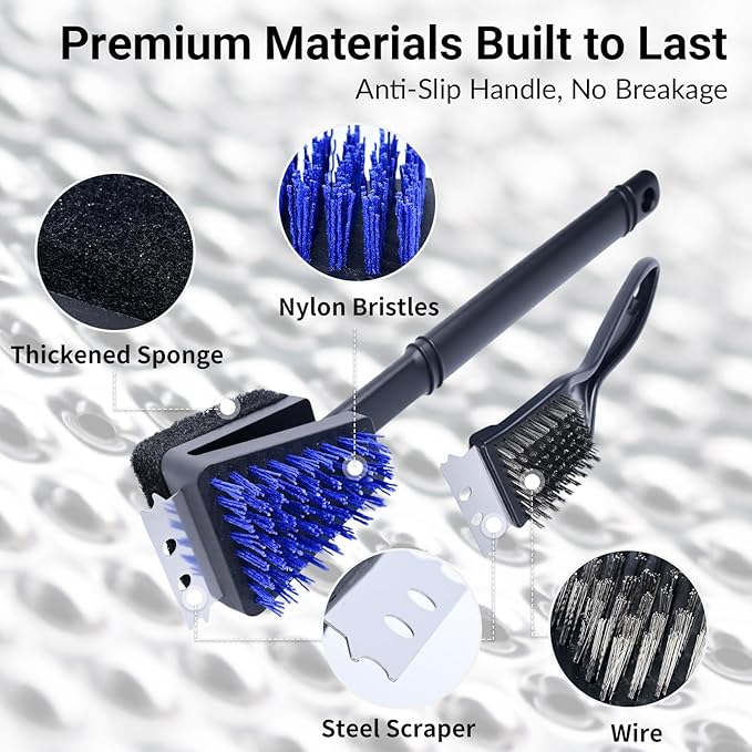 Nylon Bristle Grill Brush for BBQ - Heavy Duty Grill Cleaning Kit with Scraper, Safe for All Grill Types - Non-Scratch Bristles & Long Plastic Handle - Outdoor Barbecue Brush and Accessories