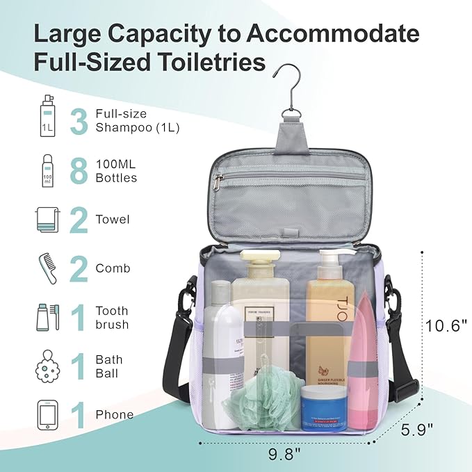 F-color Hanging Shower Caddy Portable - College Dorm Essentials for Girls with Hooks, Soft Crossbody Shoulder Strap, Multiple Pockets, Quick-Dry Shower Bag for Dorm Travel Essentials, Purple