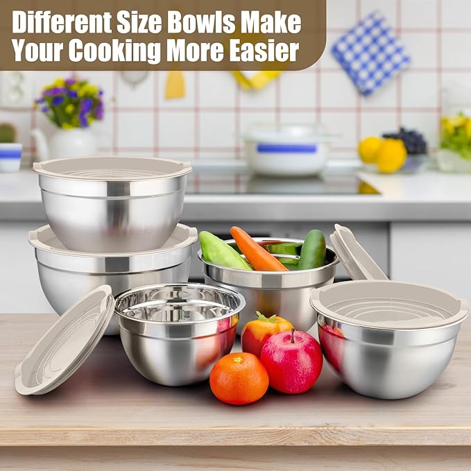 P&P CHEF Mixing Bowl with Airtight Lid Set of 5, 10-Piece Stainless Steel Nesting Salad Bowl Set for Prepping, Mixing and Serving, Size 4.6, 3, 1.5, 1, 0.7 QT, Rimmed Edges & Flat Base, Khaki