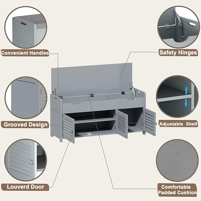 ChooChoo 41.3" Shoe Storage Bench with Lift Top Storage, Entryway Bench with Cushioned Seat, Adjustable Shelf, Shoe Cabinet with Hidden Space, for Entryway, Bedroom, Living Room, Grey