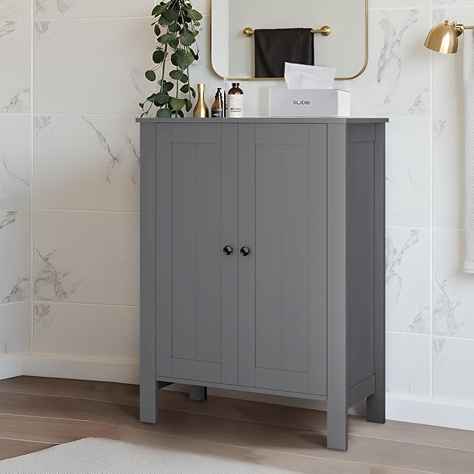 Bathroom Cabinet, Modern Bathroom Floor Storage Cabinet, Freestanding Organizer with Adjustable Shelves & Double Doors, 3-Tier Home Living Room Furniture