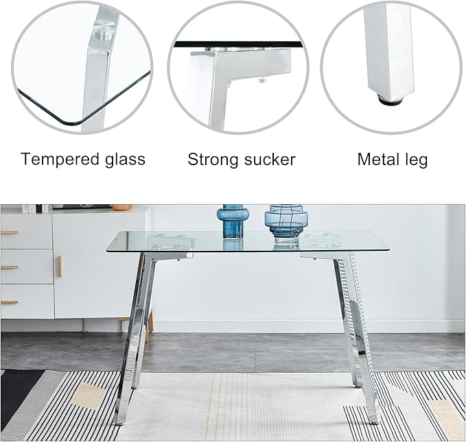 Glass Dining Table Set for 4,Rectangle Dinner Table with 4 Black Leather Kitchen Chairs,51 in Kitchen Room Dining Set,0.31” Tempered Glass Tabletop with Silver Metal Legs,4 Dining Chairs